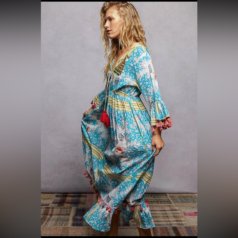 Beach Pattern V-Neck Ruffle Sleeves Tassel Maxi Dress|Blue+Ivory Multi - Picture 3 of 5